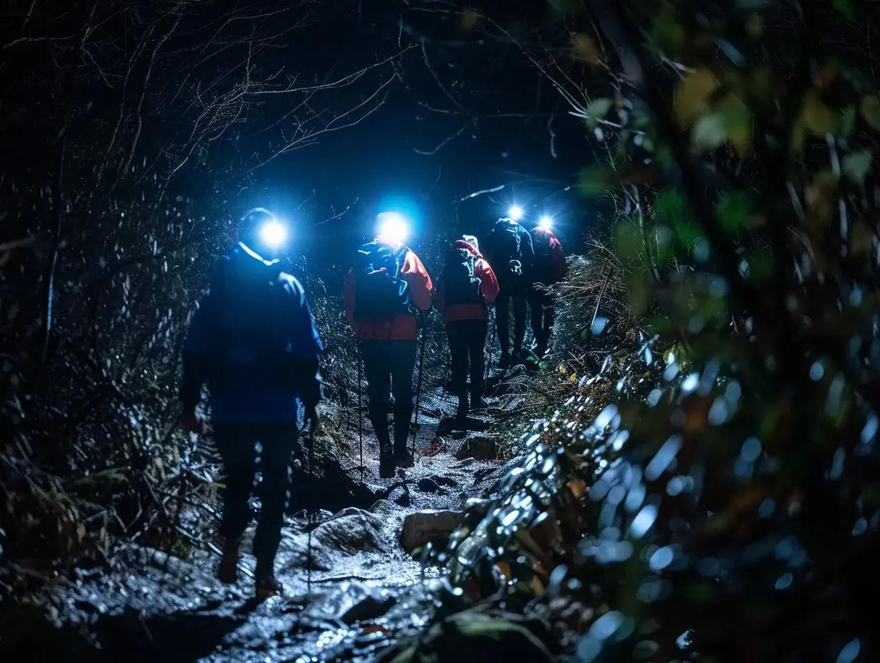 Hikers with headlamps navigate a dark, rocky trail. These are some of the best night hiking tips for a safe adventure.
