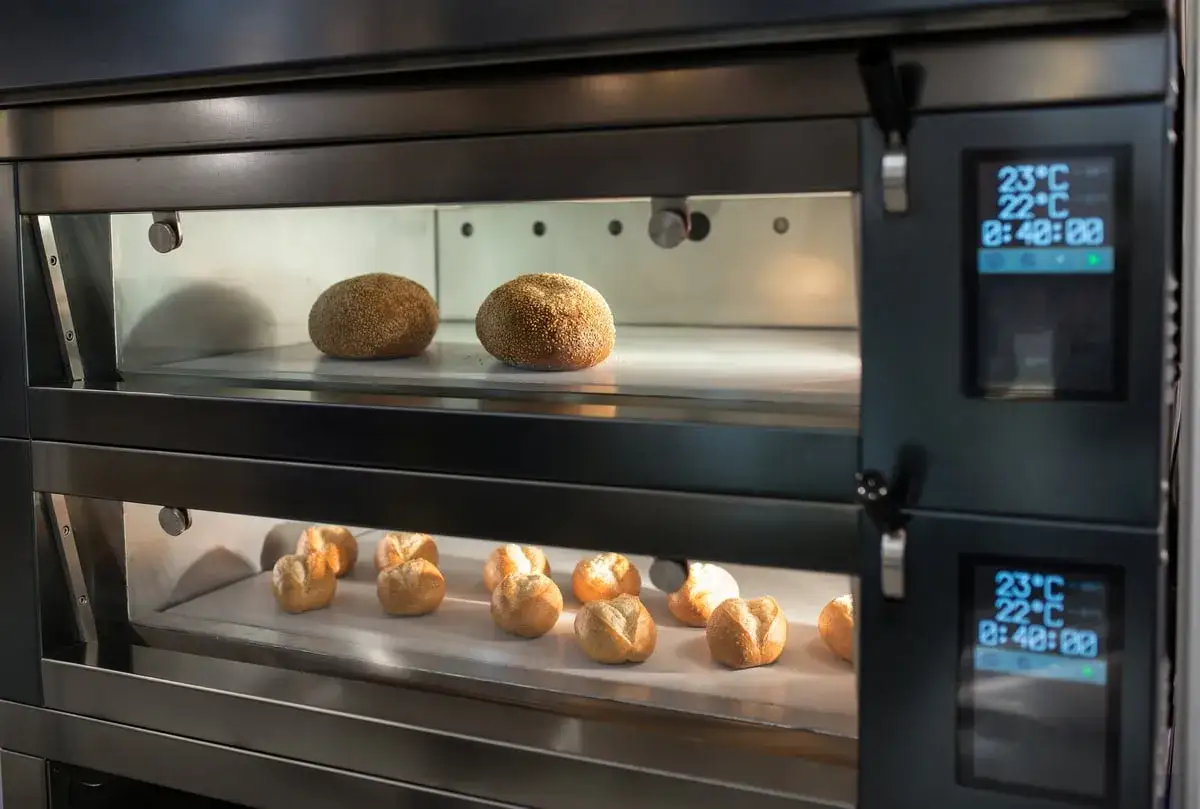 Dans un four professionnel, deux gros pains et plusieurs petits pains attendent de lever. Le panneau de contr&ocirc;le affiche 23&deg;C et 22&deg;C, sugg&eacute;rant une temp&eacute;rature id&eacute;ale pour la pousse.