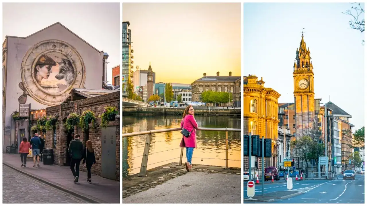Ulica z muralem, kobieta nad rzeką i wieża zegarowa. Poznaj ceny w Irlandii, planując podróż.