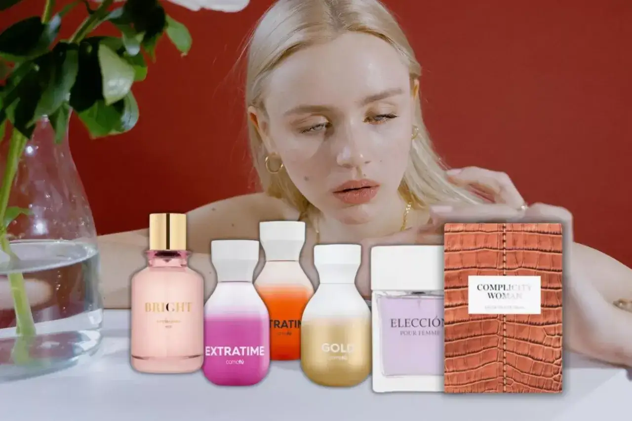 Chica rubia con perfumes de Mercadona. Descubre la equivalencia de Borealia y otros aromas.