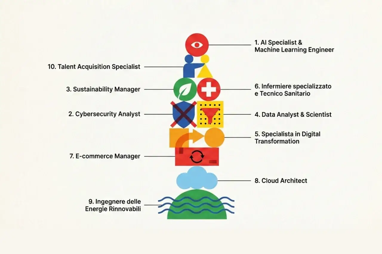 Classifica dei lavori più richiesti in Italia: AI Specialist, infermieri, analisti dati, specialisti digitali, cloud architect, ingegneri rinnovabili, e altri.