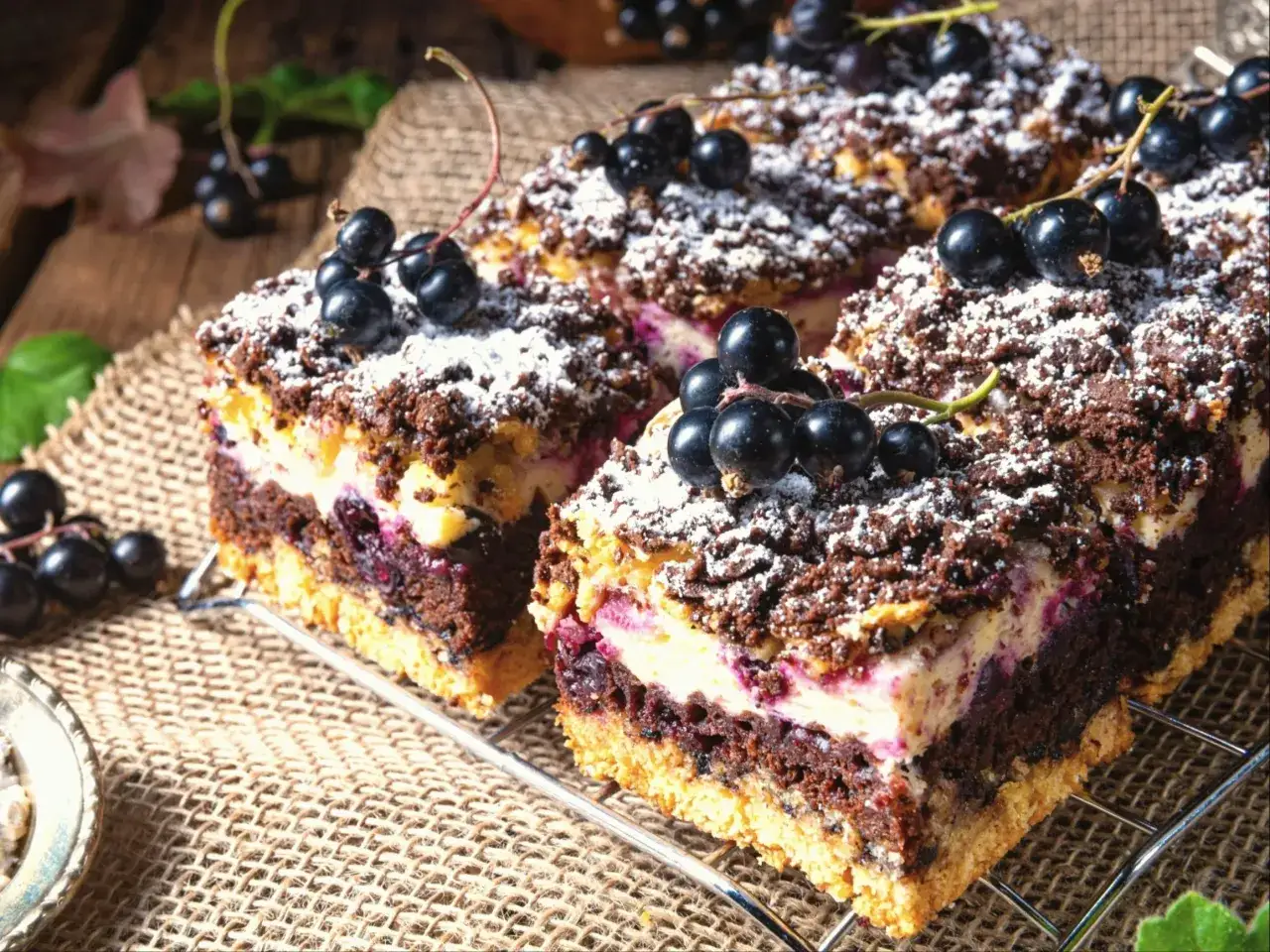 Pyszne ciasto pleśniak z porzeczkami, posypane cukrem pudrem i udekorowane świeżymi owocami.