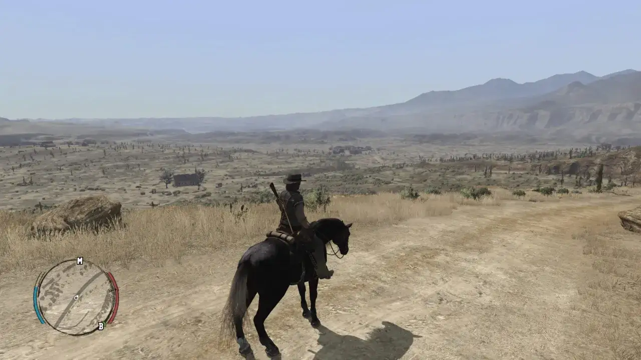Jeździec na czarnym koniu przemierza pustynny krajobraz w Red Dead Redemption 1 PS5.