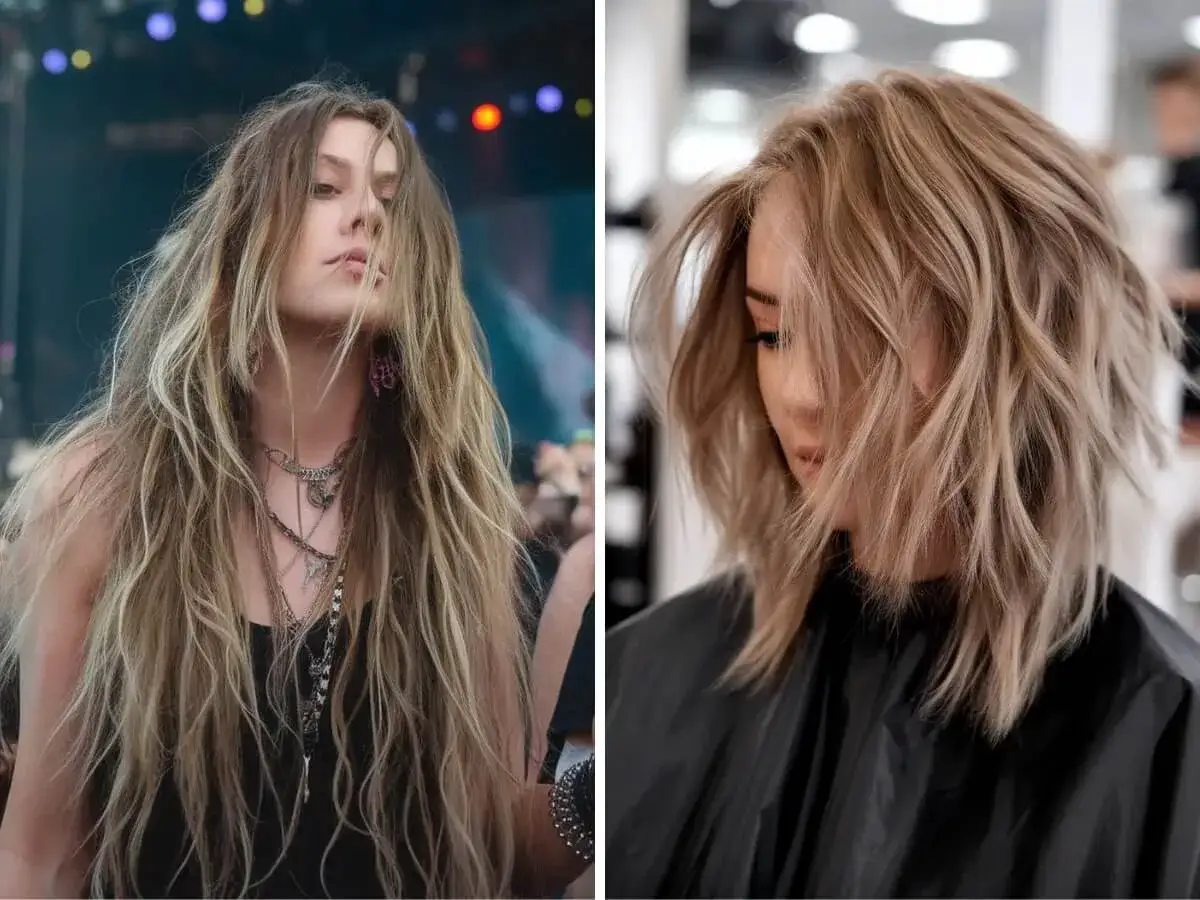 Coiffure rock femme facile : deux looks, une longue chevelure ondulée et un carré dégradé, pour un style rebelle et tendance.