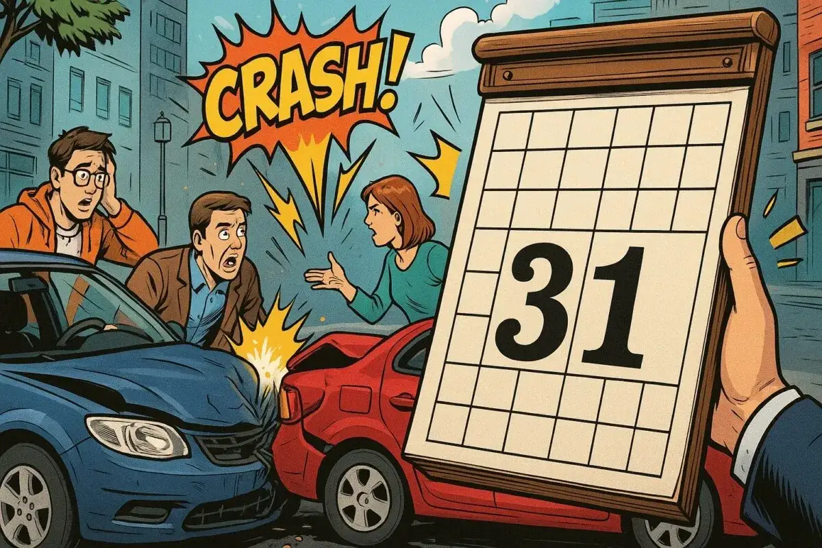 Incidente stradale con auto danneggiate. Un calendario mostra il numero 31, suggerendo la prescrizione lesioni sinistro stradale 5 anni.