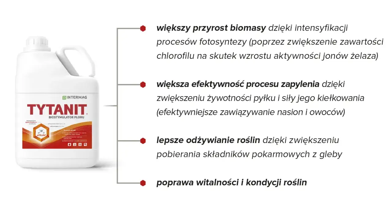 Butelka biostymulatora plonu TYTANIT. Zwiększa biomasę, efektywność zapylania i odżywianie roślin.