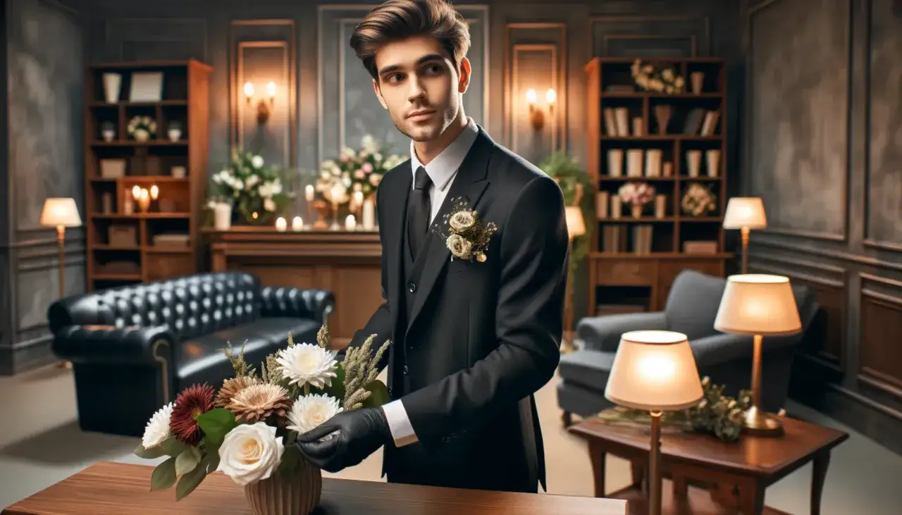 Giovane uomo in abito scuro sistema fiori. La sua professione, quanto guadagna un becchino, è un lavoro di grande dignità.