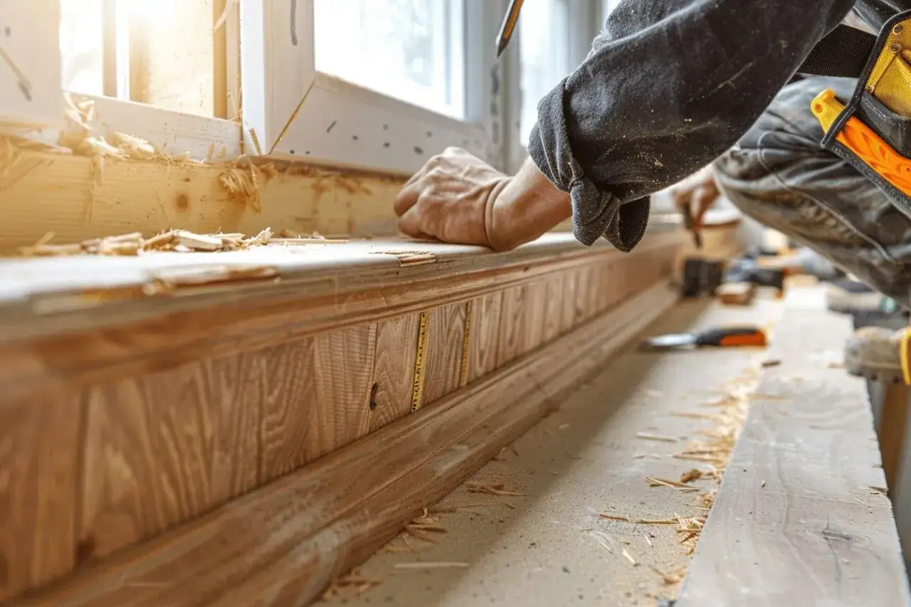 Pose d'une plinthe en bois sur un mur irrégulier, avec des copeaux de bois autour.