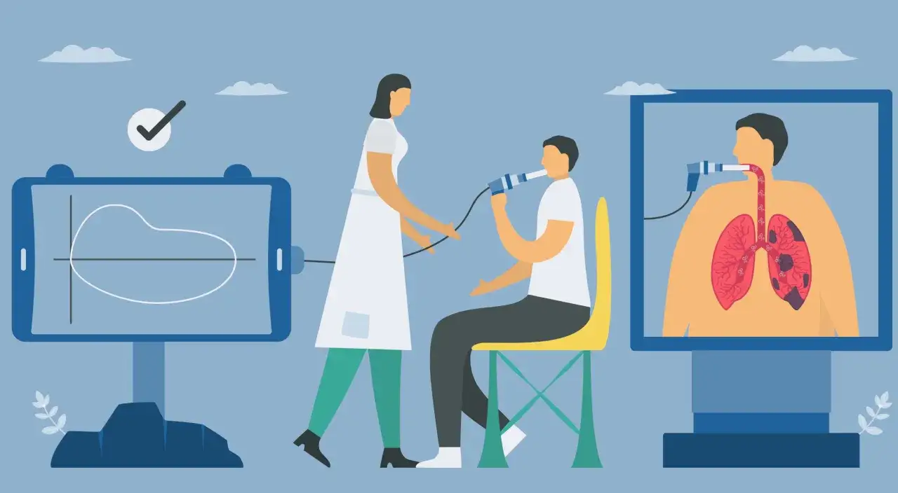 Badanie spirometria: pacjent dmucha w urządzenie, pielęgniarka pomaga, a na ekranie widać płuca i wykres.