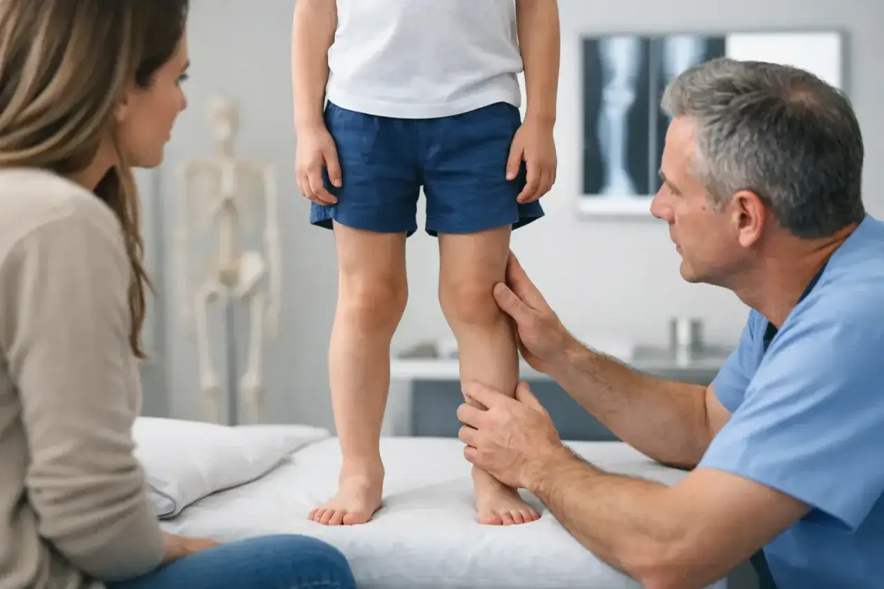 Medico esamina le gambe di un bambino, preoccupato per i dolori della crescita. La madre osserva attentamente.