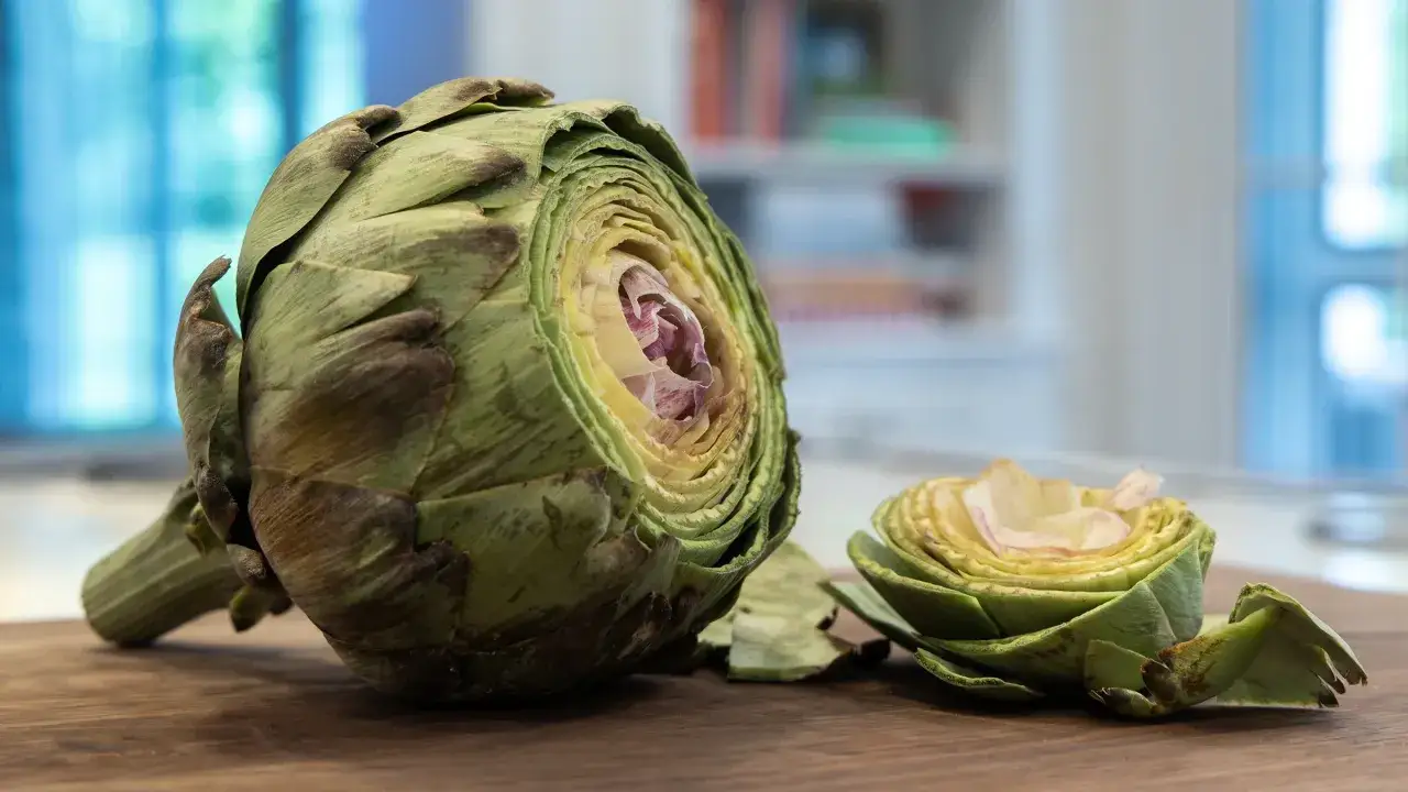 Una alcachofa cortada por la mitad revela su interior tierno y sus capas, como un pelo alcachofa. Otra alcachofa m&aacute;s peque&ntilde;a yace a su lado.