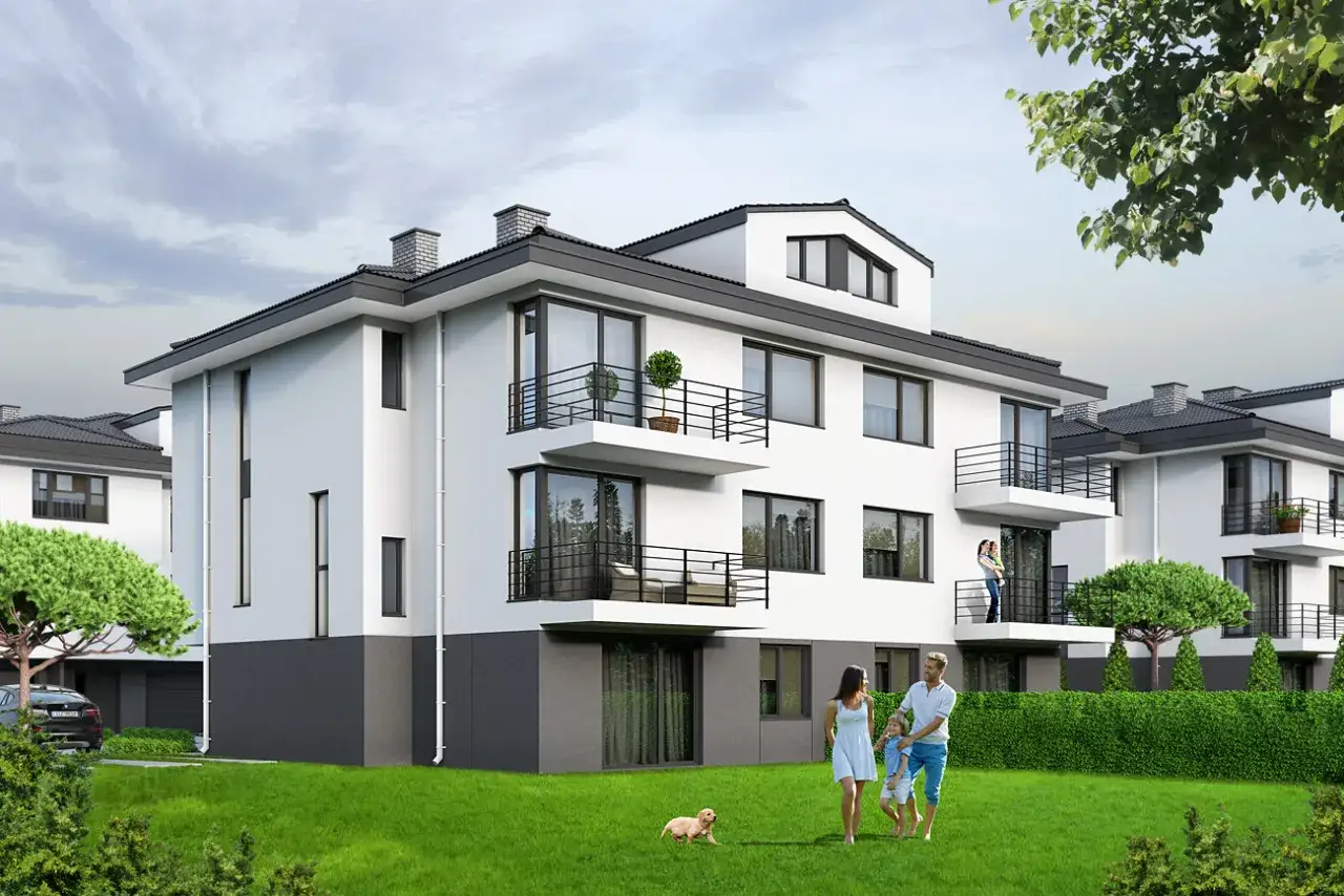 Rodzina spaceruje po trawniku przed nowoczesnymi budynkami. Planowane inwestycje Wawer oferują komfortowe życie w otoczeniu zieleni.
