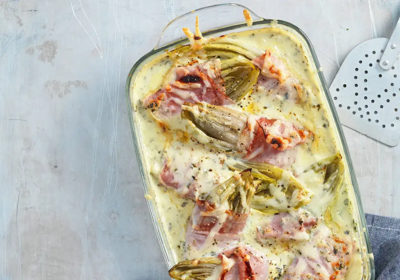 Überbackener Chicorée mit Schinken in cremiger Sauce, ein köstliches Gericht, das Lust auf mehr Chicorée-Rezepte macht.