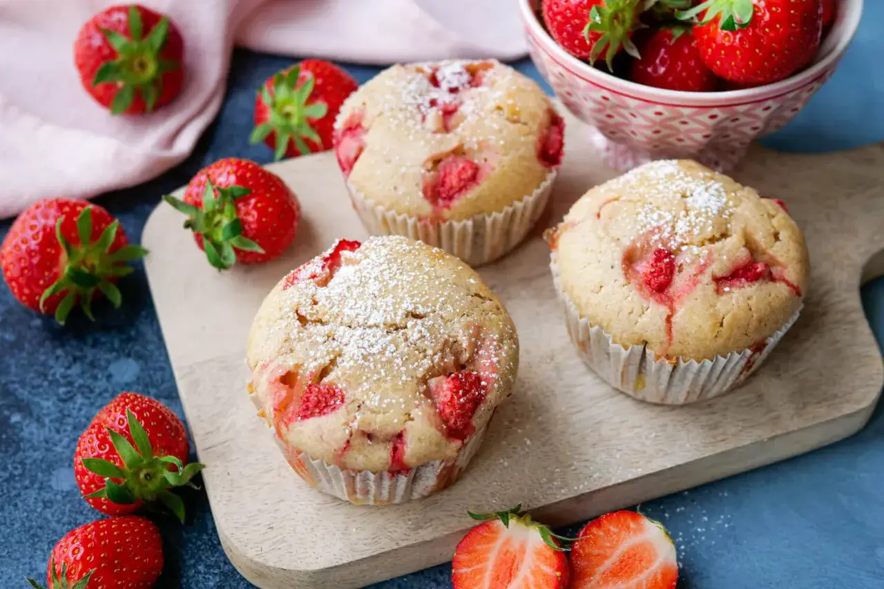 Saftige erdbeer muffins, best&auml;ubt mit Puderzucker, liegen auf einem Holzbrett. Frische Erdbeeren umgeben die Leckereien.