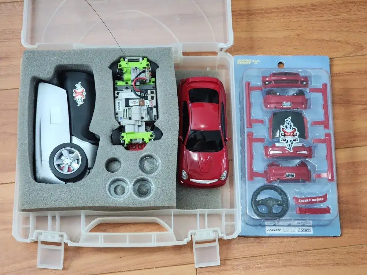 Tamiya Blog: Ein ferngesteuertes Auto-Set mit rotem Sportwagen, Chassis, Fernbedienung und Tuning-Teilen.