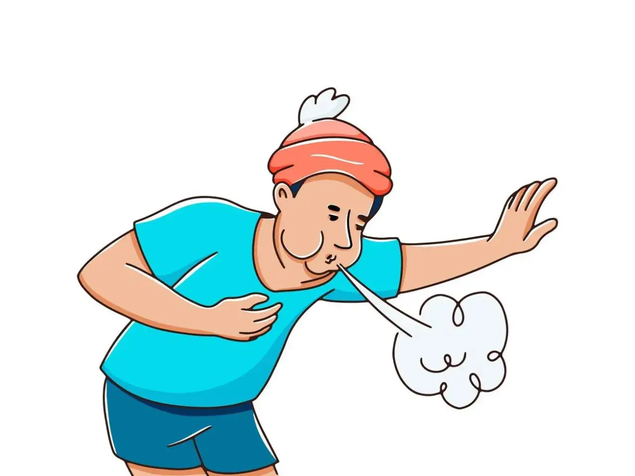 Mann mit M&uuml;tze und blauem T-Shirt atmet schwer aus, h&auml;lt sich die Brust. M&ouml;gliche psychisches asthma-symptome.