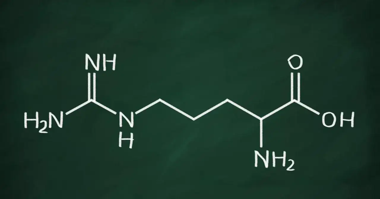 Struktura chemiczna l-argininy, aminokwasu ważnego dla organizmu.