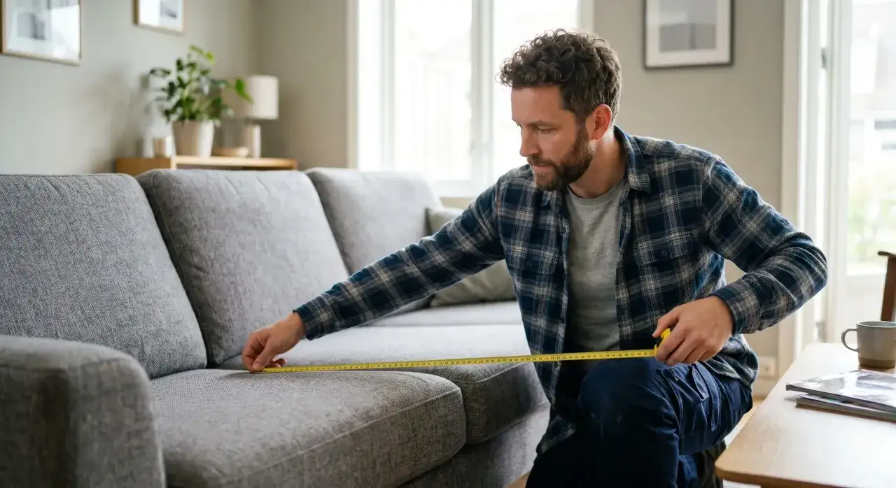 Hombre midiendo un sofá cheslong gris. Las medidas son importantes para asegurar que encaje perfectamente en tu salón.
