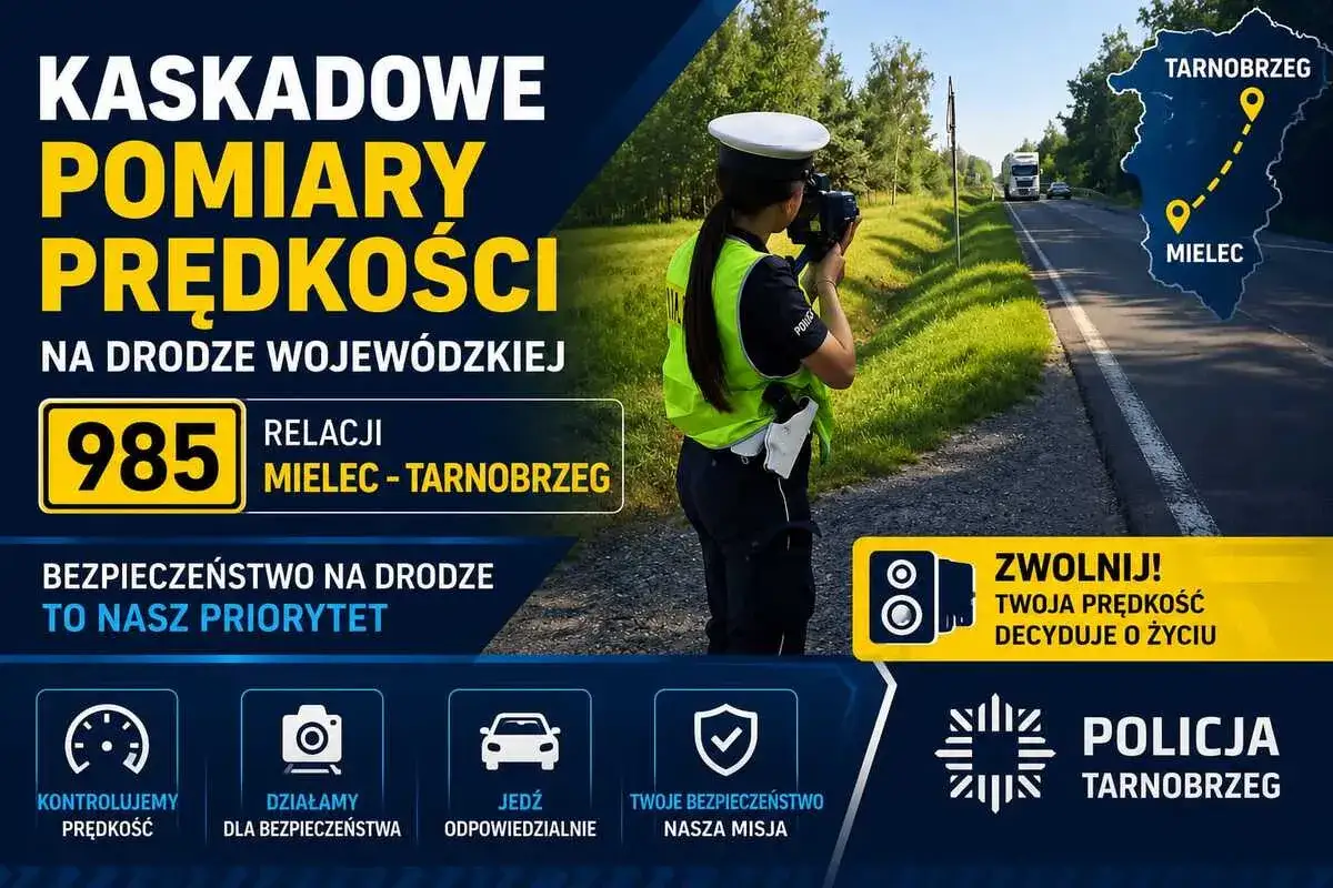 Policjantka mierzy prędkość na drodze wojewódzkiej 985. Kaskadowe pomiary prędkości na trasie Mielec-Tarnobrzeg. Zwalniaj, bo Twoja prędkość decyduje o życiu.
