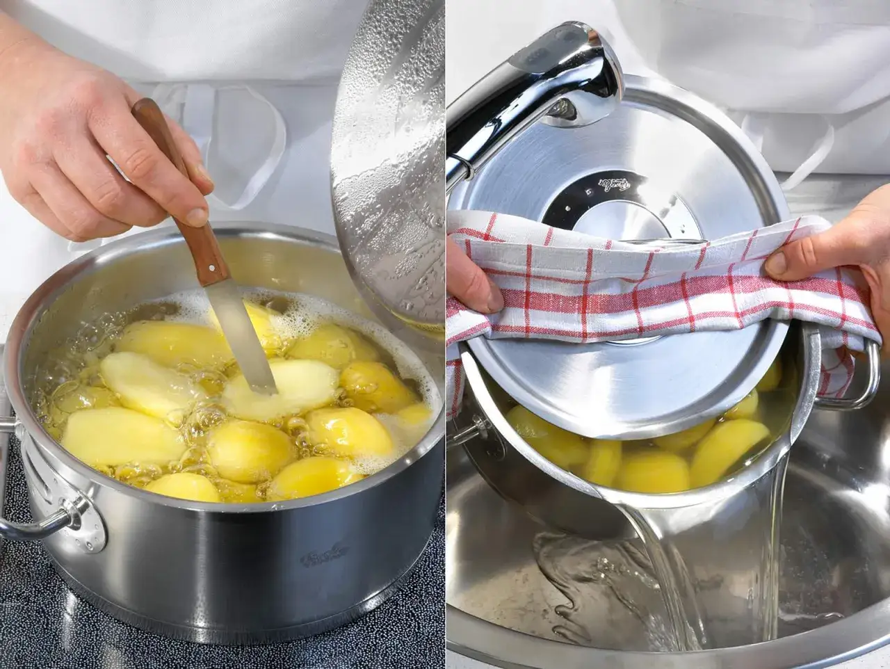 Kartoffeln kochen und mit einem Messer prüfen, wann sind Kartoffeln gar. Dann abgießen.