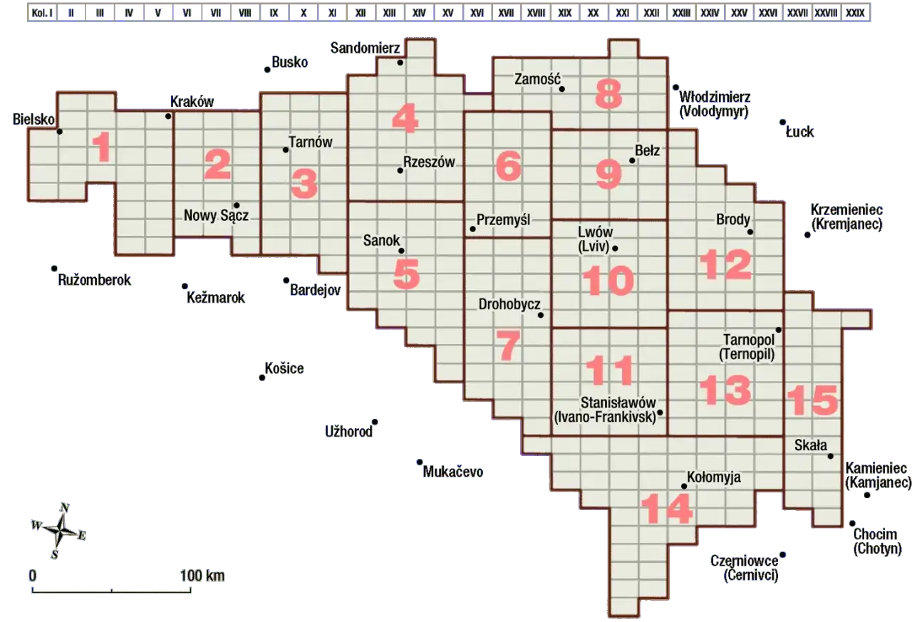Mapa historyczna Galicji z zaznaczonymi okręgami i miastami: Lwów, Tarnopol, Stanisławów, Zamość.