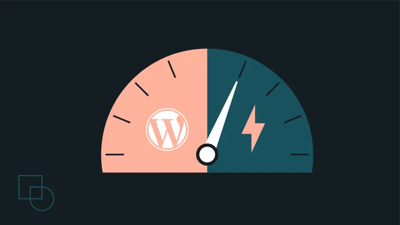 Compteur de vitesse divisé en deux : logo WordPress à gauche, éclair à droite. Un **plugin cache WordPress** peut accélérer votre site.