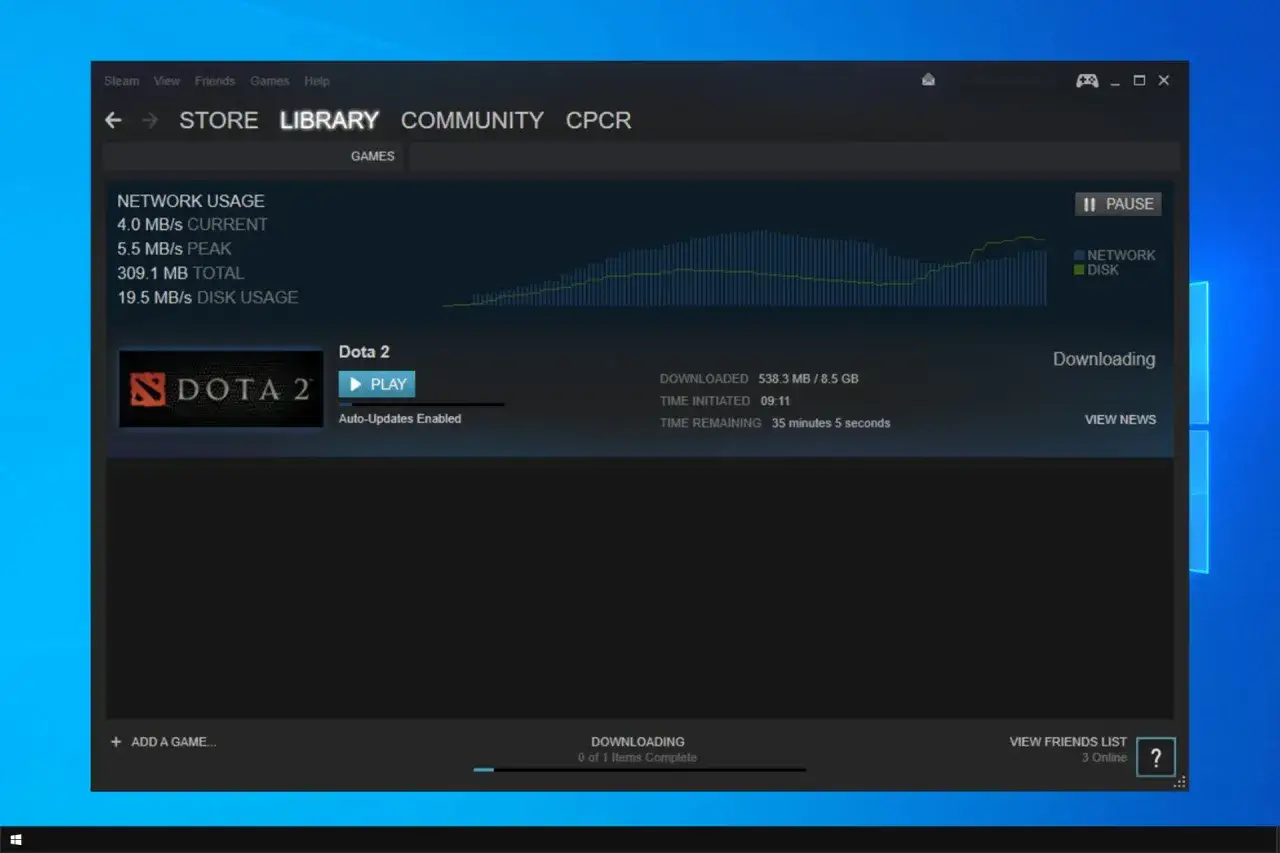 Ekran Steam pokazuje pobieranie Dota 2. Sprawdź wykres sieci, aby dowiedzieć się, jak przyśpieszyć pobieranie na Steam.