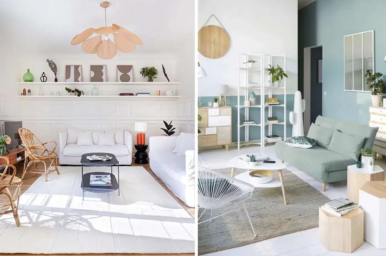 Am&eacute;nagement salon salle &agrave; manger 30m2. Deux ambiances d&eacute;co : l'une lumineuse avec canap&eacute; blanc et rotin, l'autre plus color&eacute;e avec canap&eacute; vert d'eau.