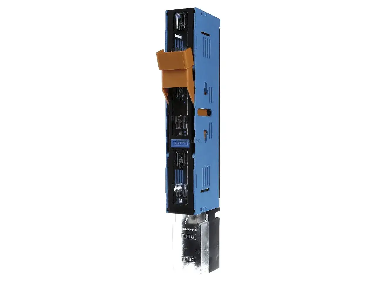 Niebieski moduł RBK z pomarańczową dźwignią, element instalacji elektrycznej.