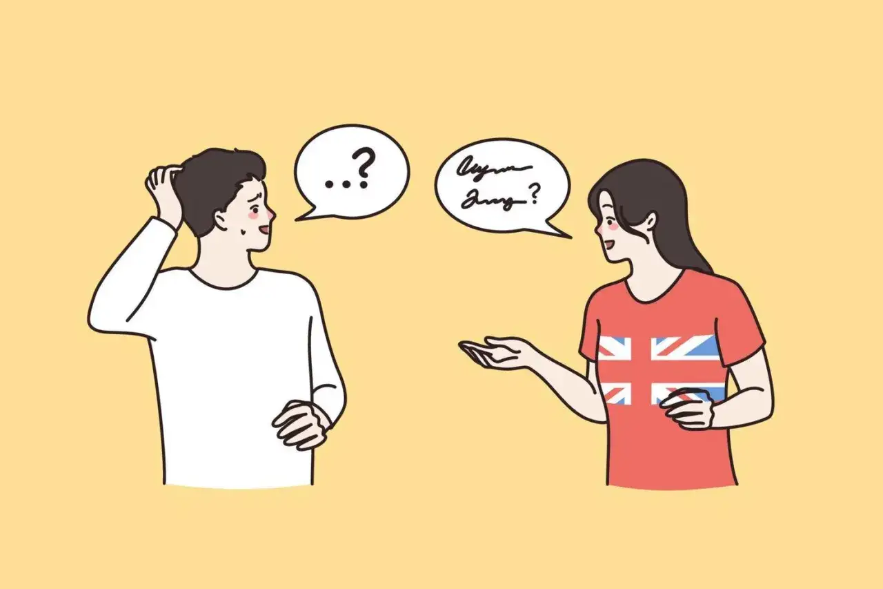 Hombre confundido con signos de interrogaci&oacute;n en su burbuja de di&aacute;logo. Mujer con camiseta de la Union Jack habla, mostrando barreras de la comunicaci&oacute;n.