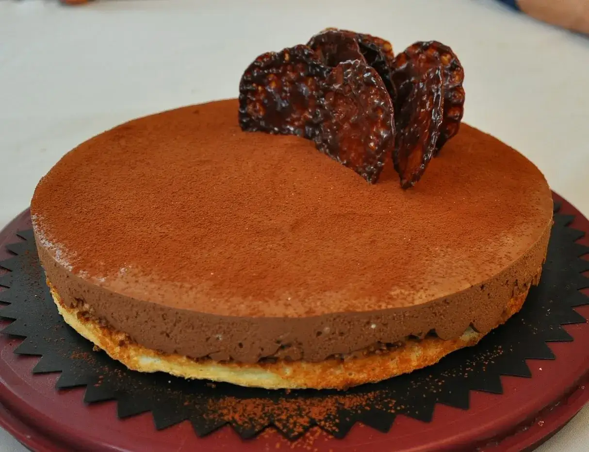Un d&eacute;licieux trianon g&acirc;teau au chocolat, saupoudr&eacute; de cacao et orn&eacute; de tuiles croustillantes.