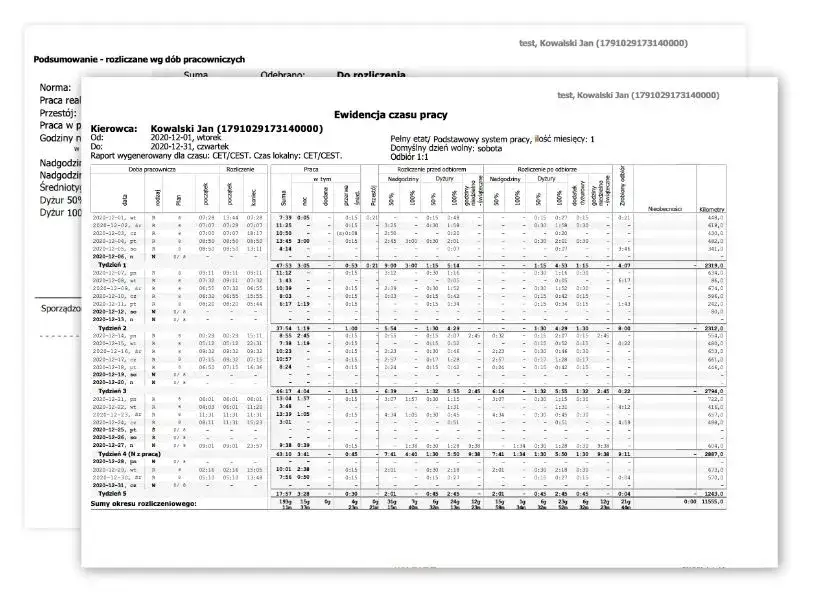 ewidencja czasu pracy kierowcy przykład