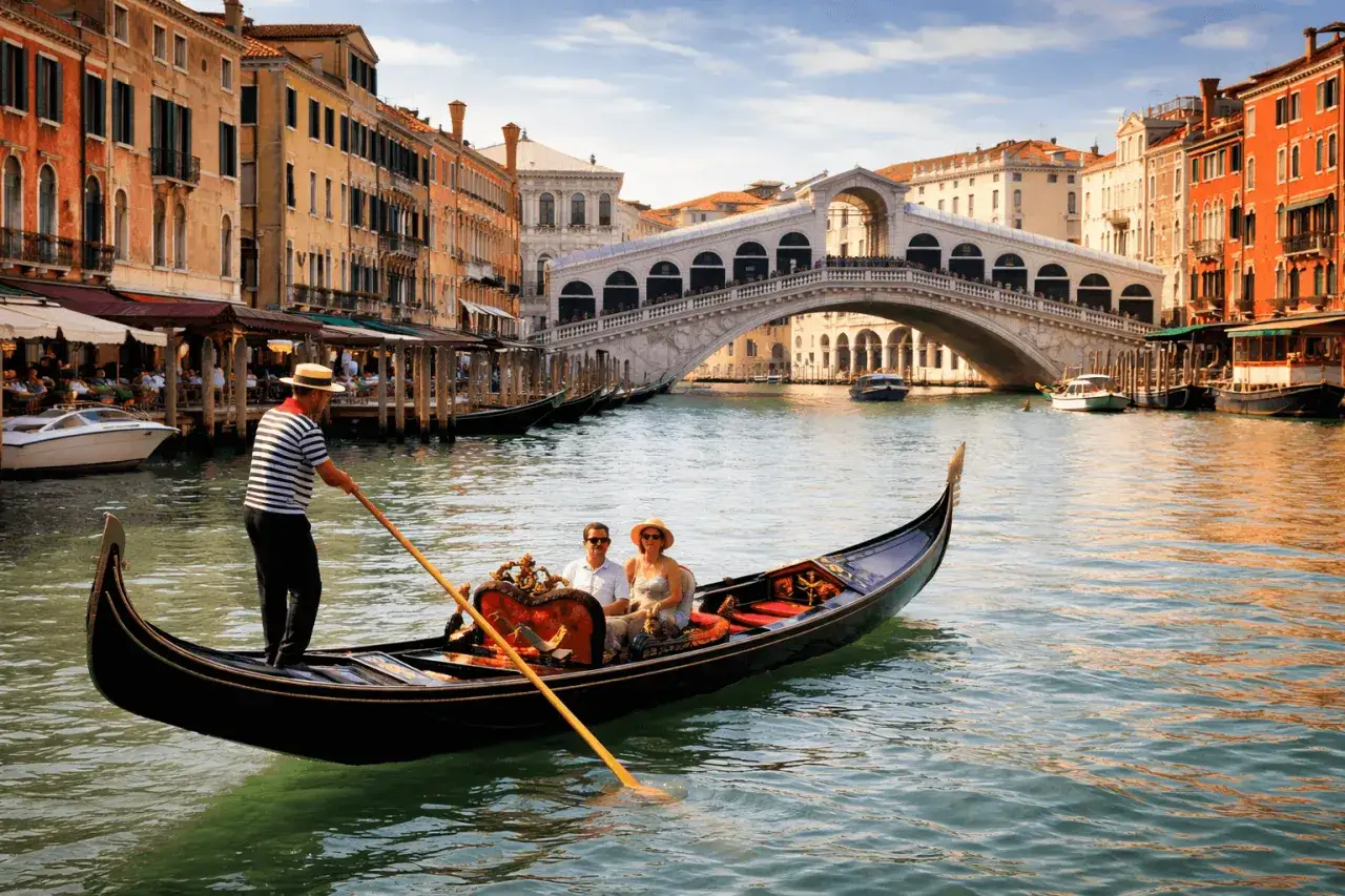 Gondola sul Canal Grande, con il Ponte di Rialto sullo sfondo. Quanti canali ci sono a Venezia? Molti, ma questo è uno dei più famosi.