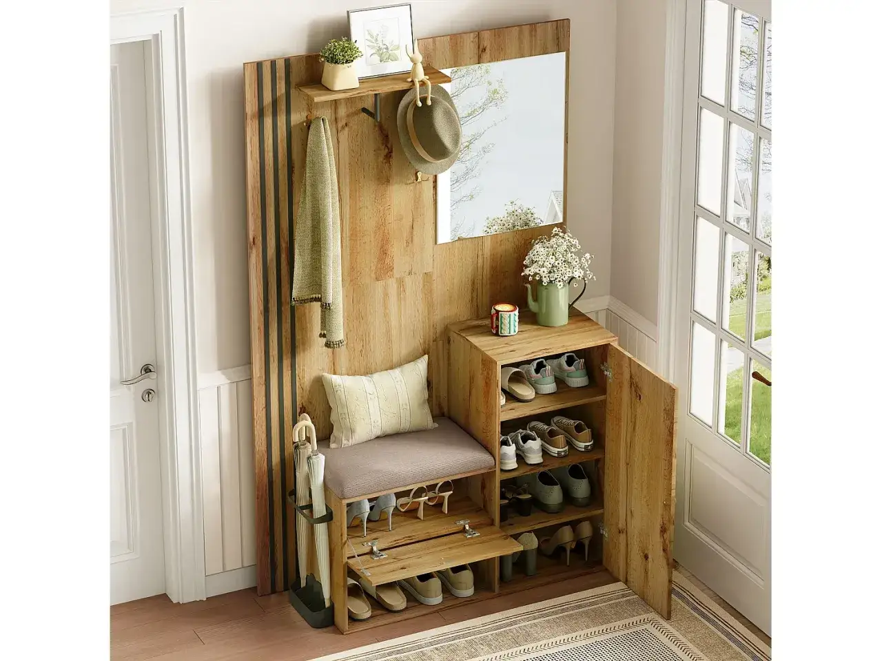 Une belle id&eacute;e porte manteau fait maison en bois avec banc, miroir et rangements pour chaussures.