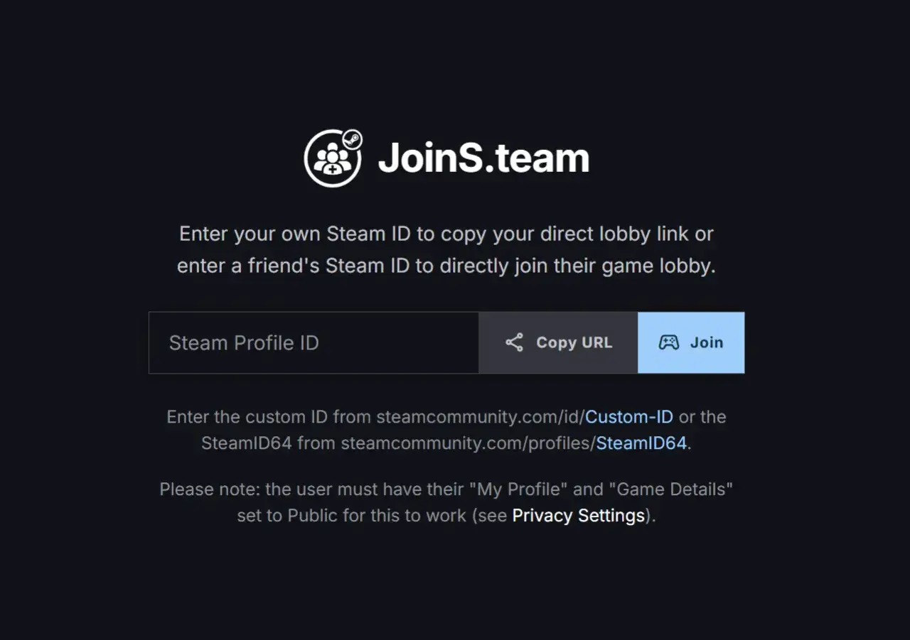Strona JoinS.team pozwala na szybkie tworzenie linków do lobby Steam. Wpisz swój identyfikator, by uzyskać link do profilu Steam.