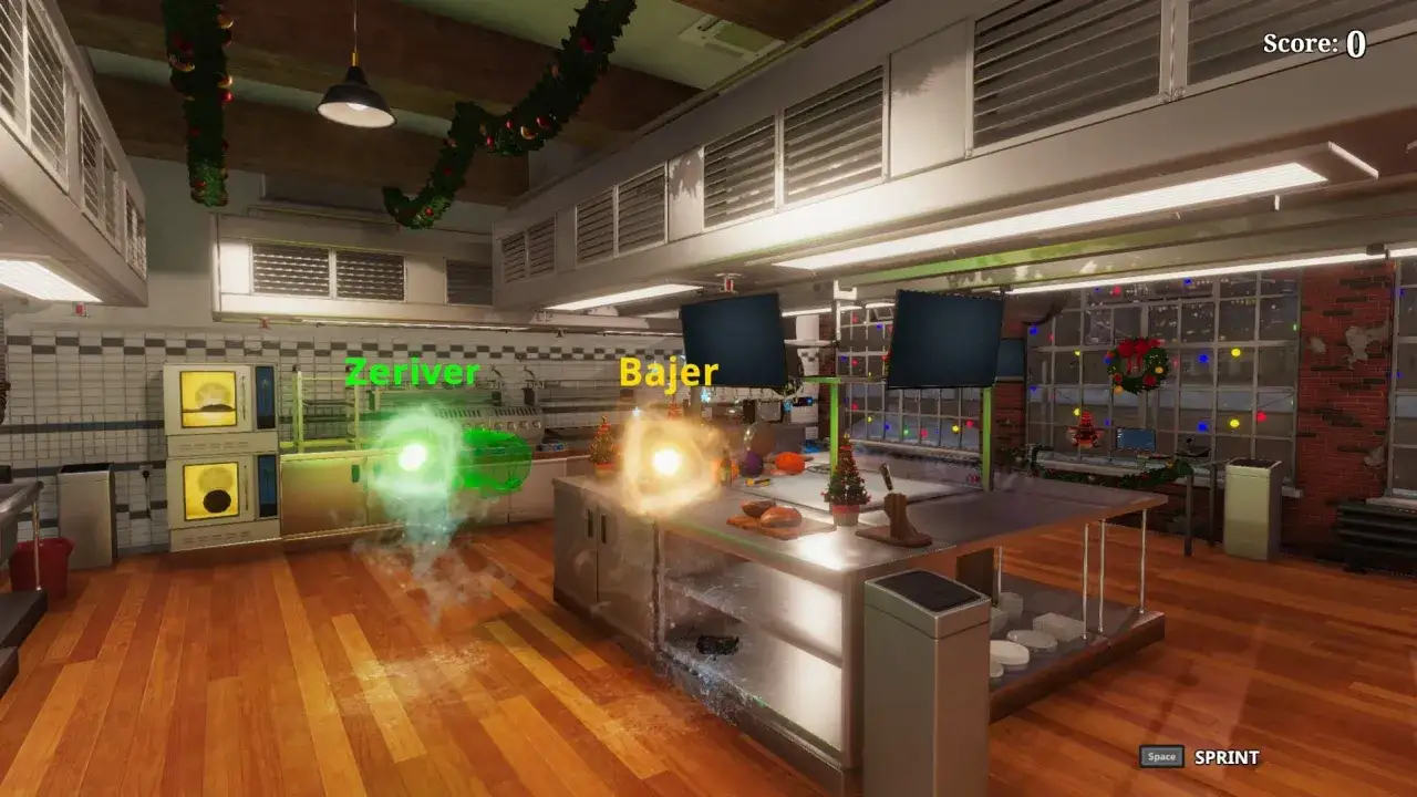 Wirtualna kuchnia w Cooking Simulator 2, udekorowana na święta. Gracze