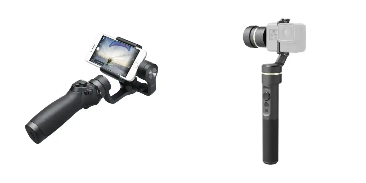 Dos estabilizadores de c&aacute;mara: uno con un smartphone y otro con una c&aacute;mara de acci&oacute;n. Ambos son un gimbal, perfectos para tomas fluidas.