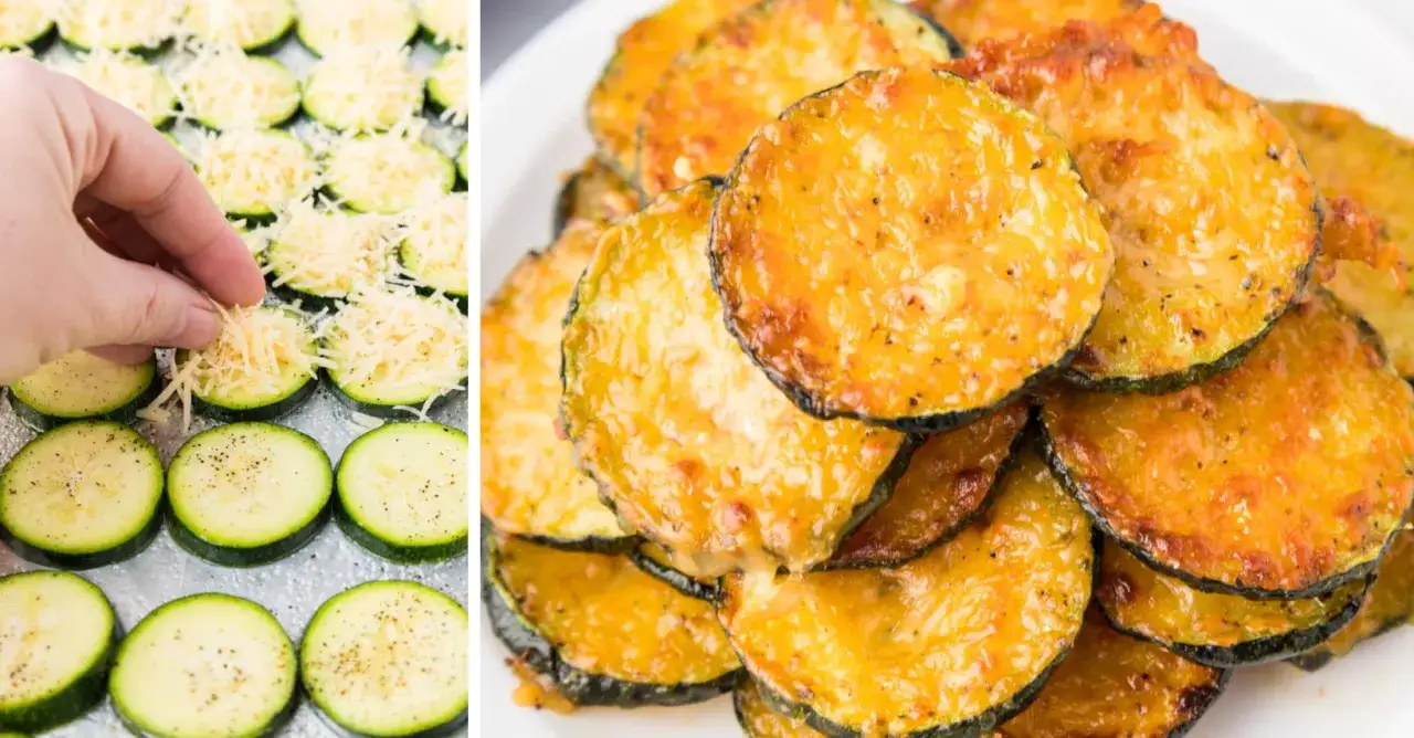 Skivor av zucchini strös med ost för att sedan bakas i ugnen. Resultatet är gyllene och läckra zucchiniplättar.