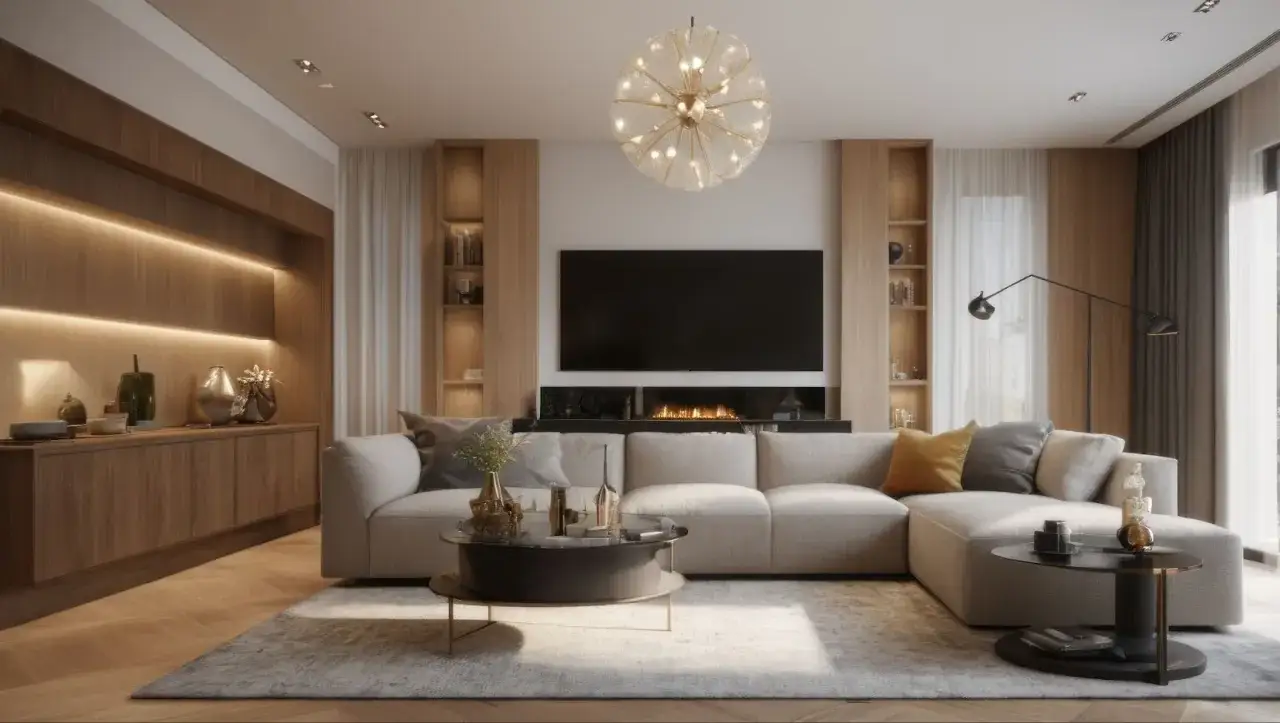 Modernt vardagsrum med bekv&auml;m soffa, eldstad och inbyggd f&ouml;rvaring. Perfekt f&ouml;r dig som vill designa ditt rum med stil och funktion.