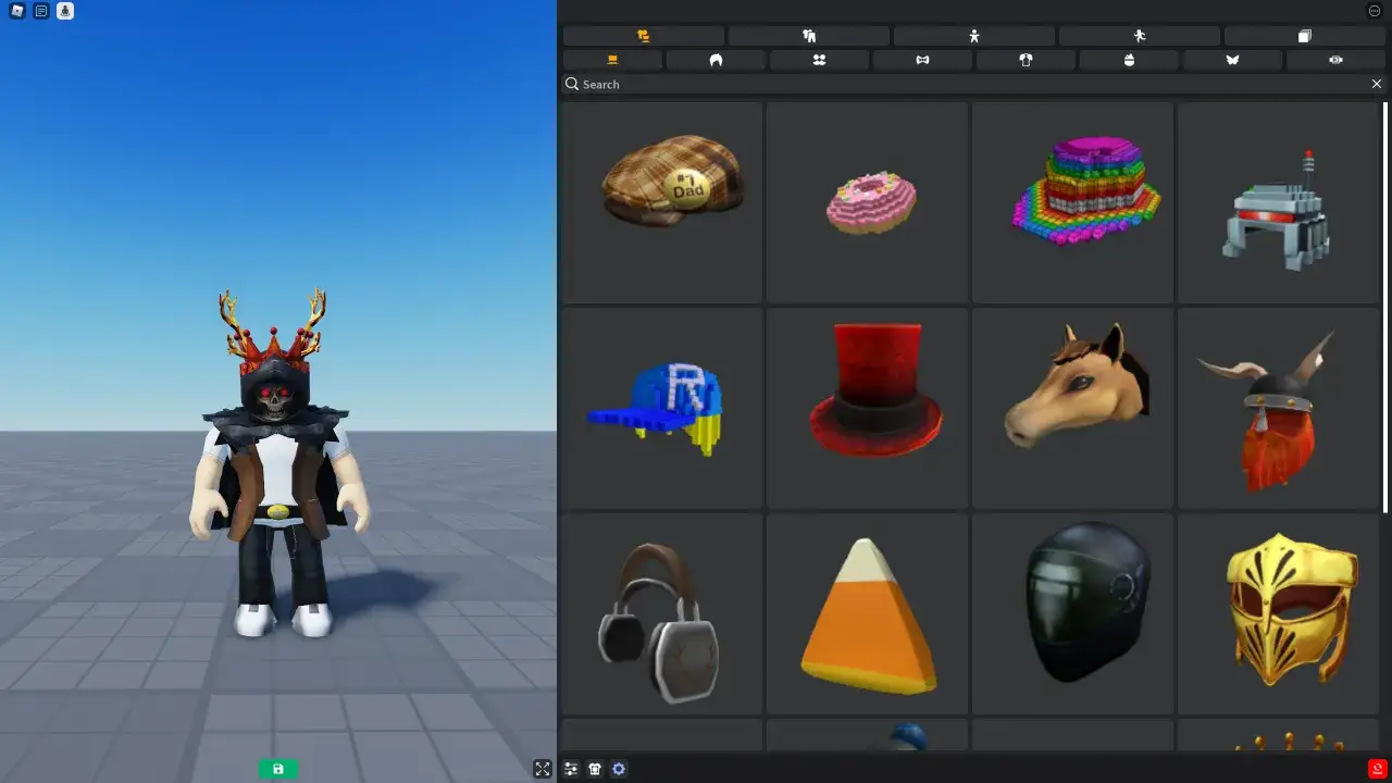 Avatar w grze Roblox, z czaszką i rogami, obok menu z różnymi przedmiotami, jak czapki i hełmy. Roblox to platforma do tworzenia i grania w gry.