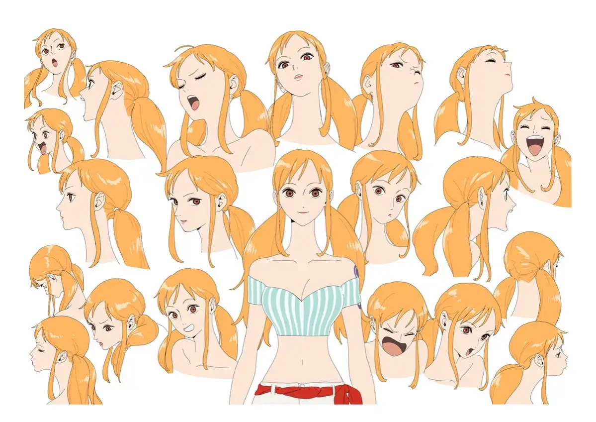 Skizzen von Nami One Piece zeigen verschiedene Gesichtsausdr&uuml;cke und Posen der Navigatorin.