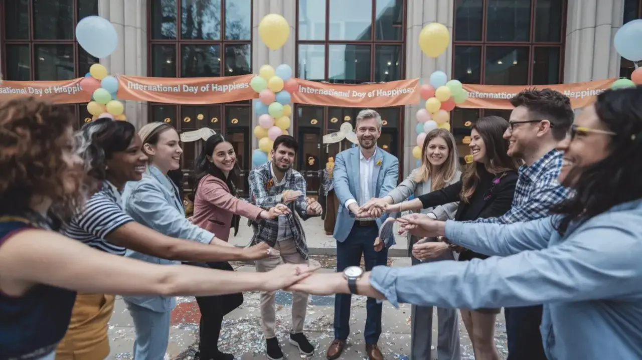 Un grupo de personas sonr&iacute;e y une sus manos en un c&iacute;rculo, celebrando el D&iacute;a Internacional de la Felicidad. Una forma genial de conocer gente.