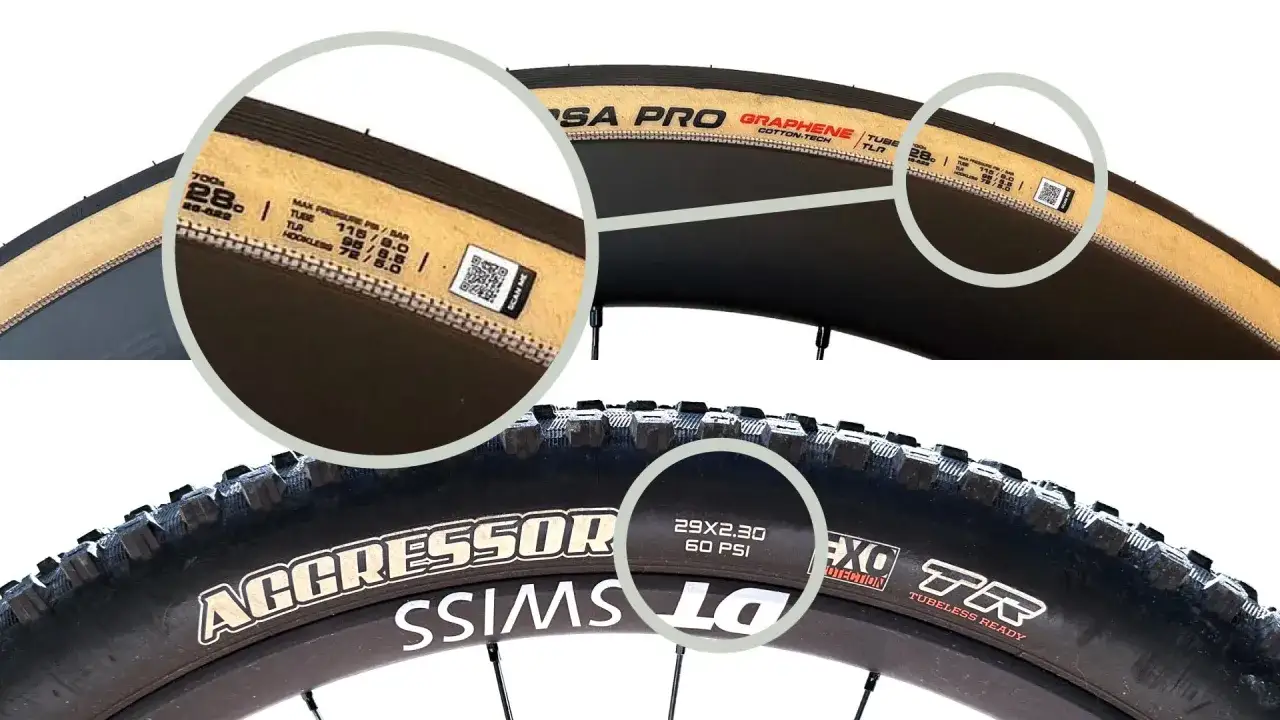 Close-ups of bicycle tires showing tire pressure recommendations. One is a 700x28c road tire, the other a 29er mountain bike tire.