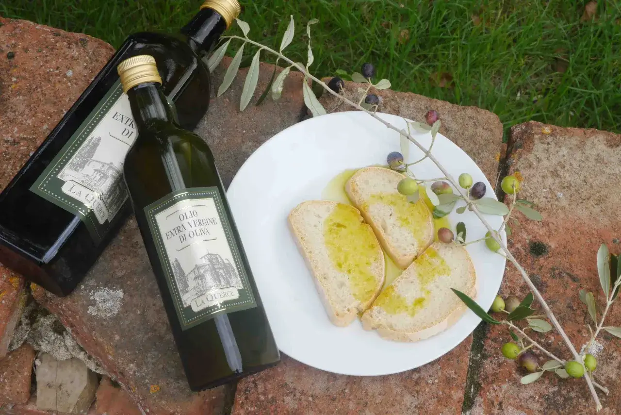Bouteilles d'huile d'olive vierge extra toscane, avec des toasts arros&eacute;s d'huile et une branche d'olivier.