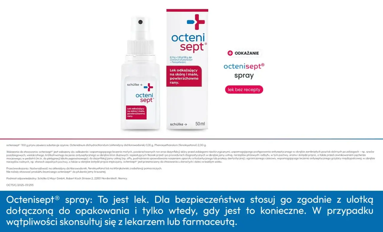Spray Octenisept do odkażania ran i skóry. Skuteczny w walce z drobnoustrojami, zapewnia szybkie działanie.