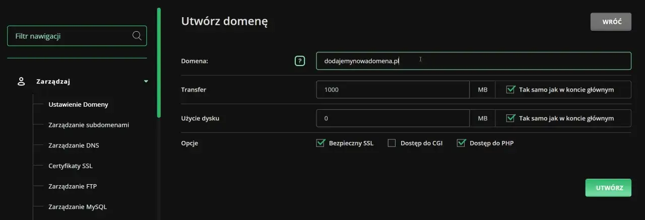 Panel tworzenia domeny: wpisz nazwę, ustaw transfer i dysk, zaznacz opcje. Parkowanie domeny w toku.