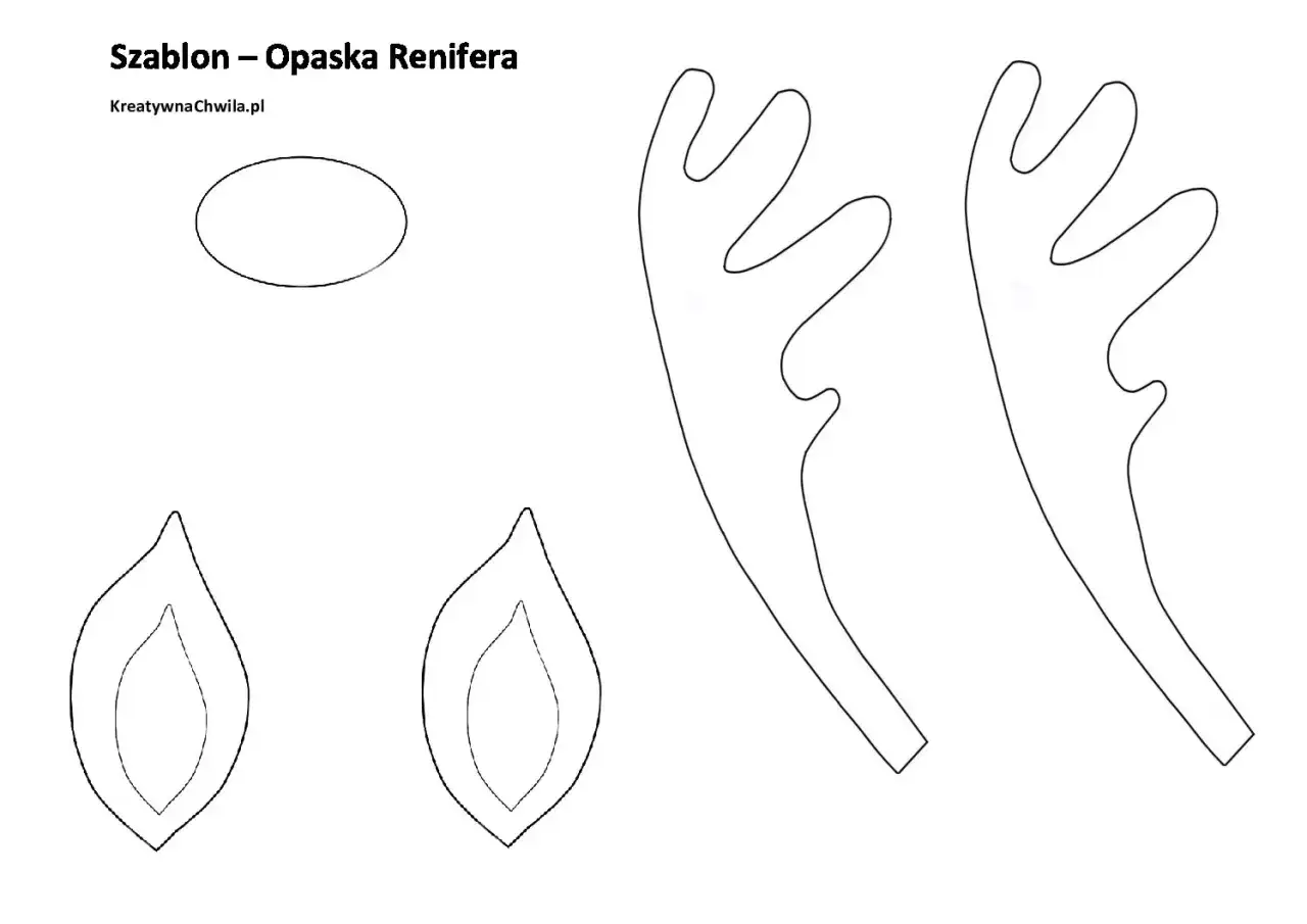 Szablon opaski renifera: rogi renifera do druku, owal i dwa płatki.