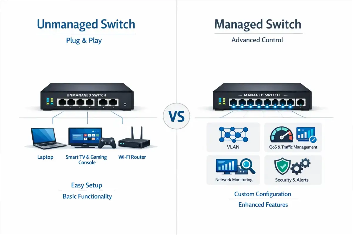 Comparison of unmanaged vs managed ethernet switch. Unmanaged offers plug & play with basic functionality for devices like laptops and TVs. Managed provides advanced control with VLAN, QoS, and security features.