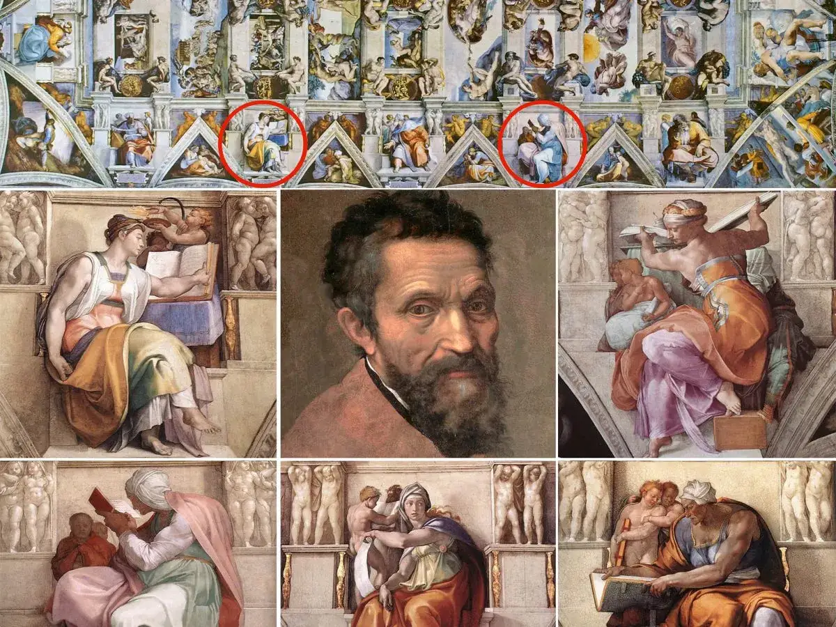 Dettagli della Cappella Sistina di Michelangelo: ritratto dell'artista, sibille e profeti.