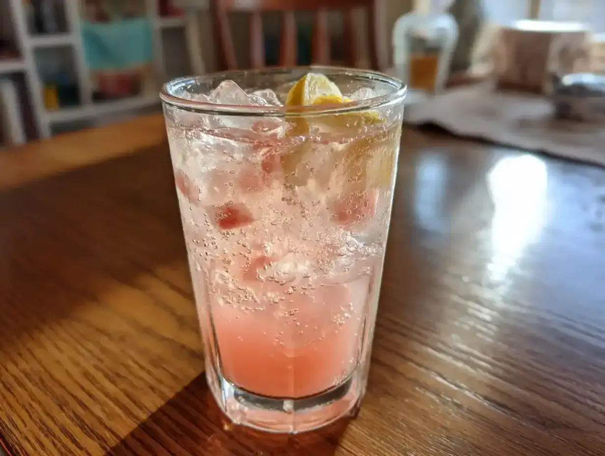 Ett glas med is, citron och en rosa rabarber drink med prosecco. Bubblig och uppfriskande.